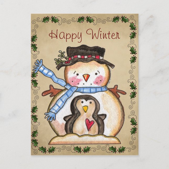 Postal Postcarta de amistad patria Snowman y pingüino (Anverso)