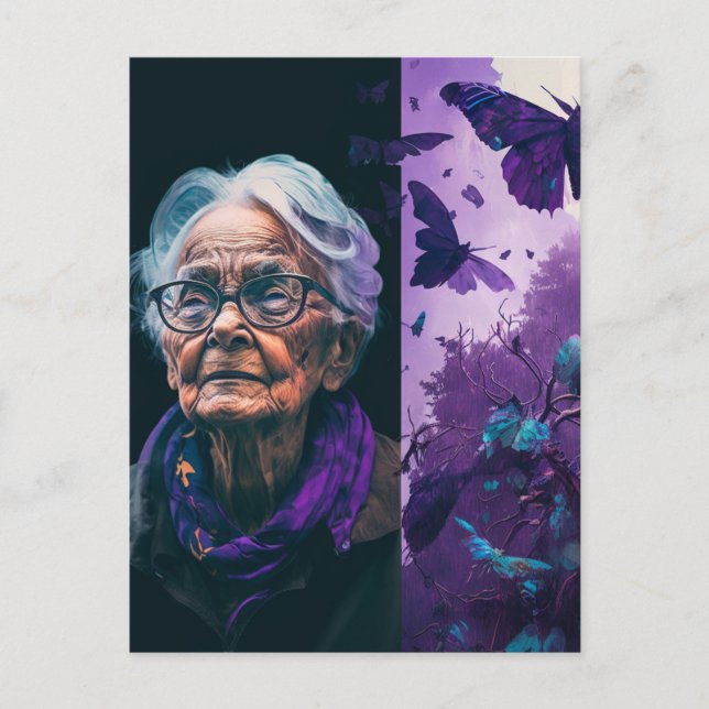 Postal Postcarta de anciana y mariposas (Anverso)