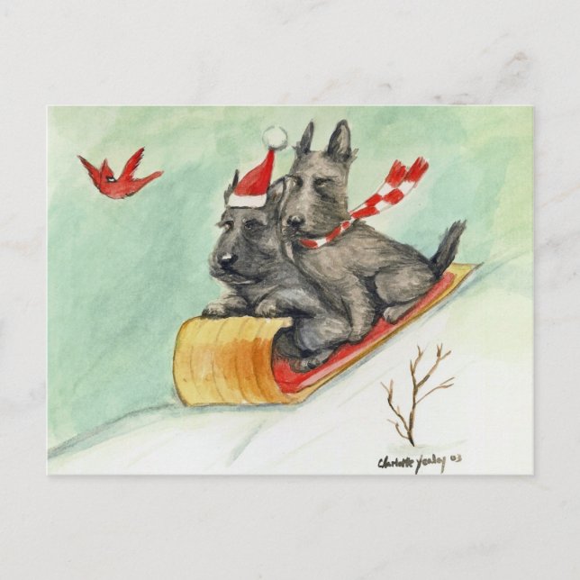 Postal Postcarta de arte de Scottish Terrier Sleigh Ride (Anverso)