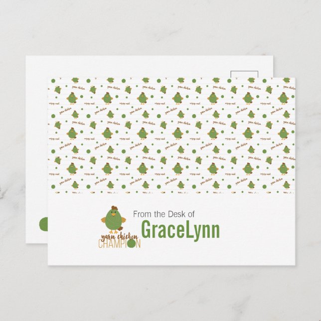 Postal Postcarta de campeón de pollo de Yarn verde y marr (Anverso / Reverso)