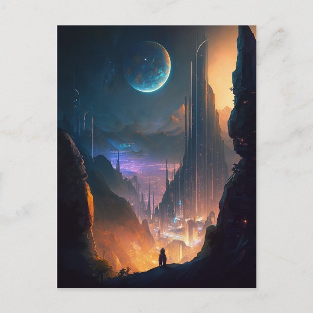 Postal Postcarta de ciencia ficción Ciudad futurista (Anverso)
