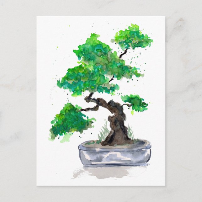 Postal Postcarta de color de agua de Bonsai verde (Anverso)