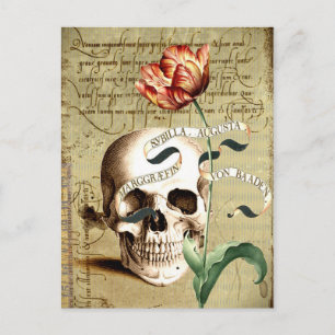 Postal Postcarta de escritura floral de calavera de vapor