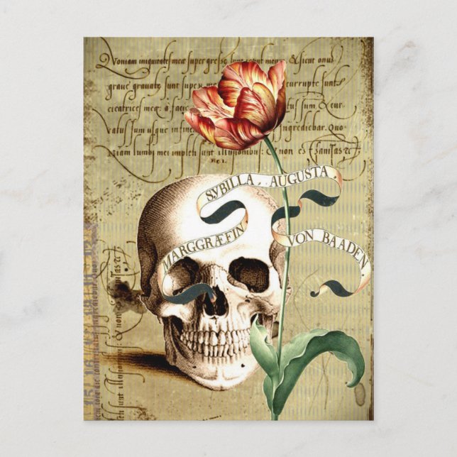 Postal Postcarta de escritura floral de calavera de vapor (Anverso)