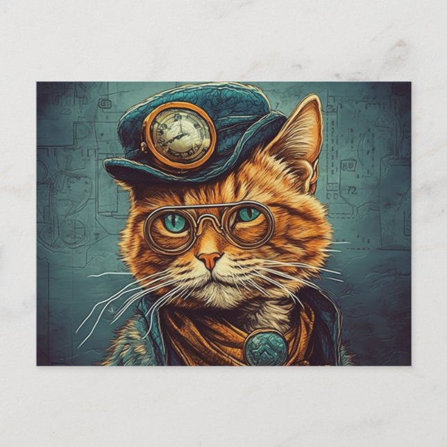 Postal Postcarta de gato Steampunk (Anverso)