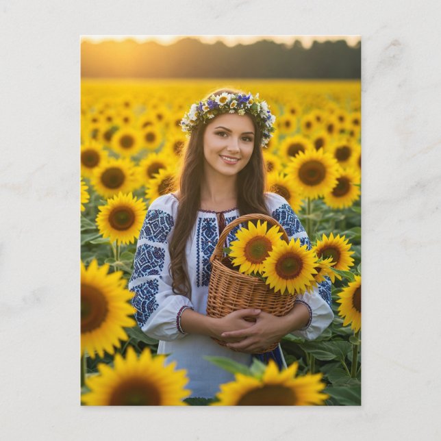 Postal Postcarta de girasoles del Chica Bonito ucraniano (Anverso)