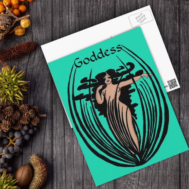 Postal Postcarta de la diosa de la fantasía (Godess woman long black hair in black flower pod on mint green postcard.)