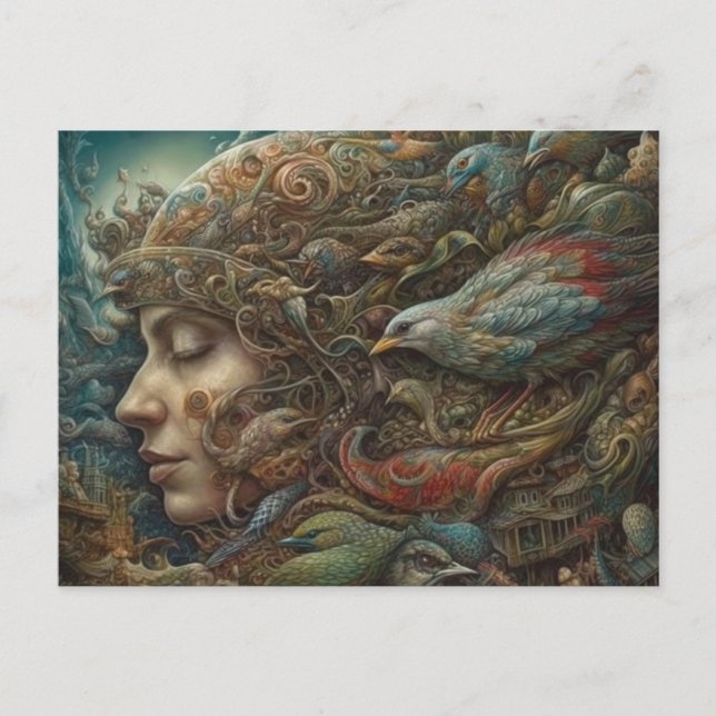 Postal Postcarta de la mujer fantasía y los pájaros (Anverso)