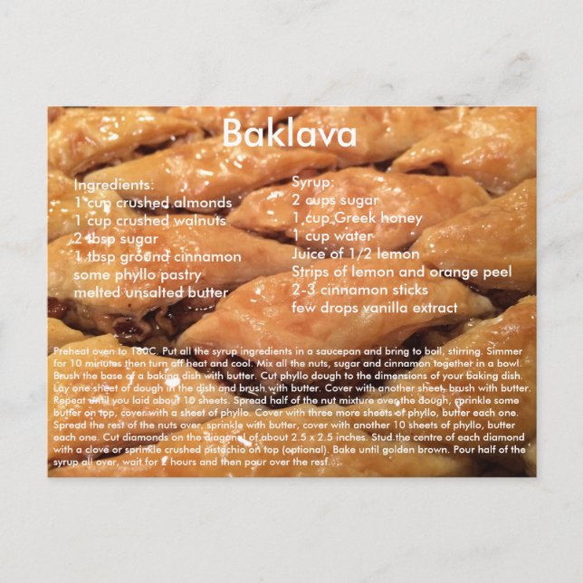Postal Postcarta de la receta de Baklava (Anverso)