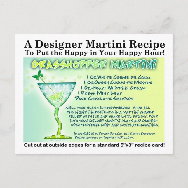 Postal Postcarta de la receta de Grasshopper Martini (Anverso)