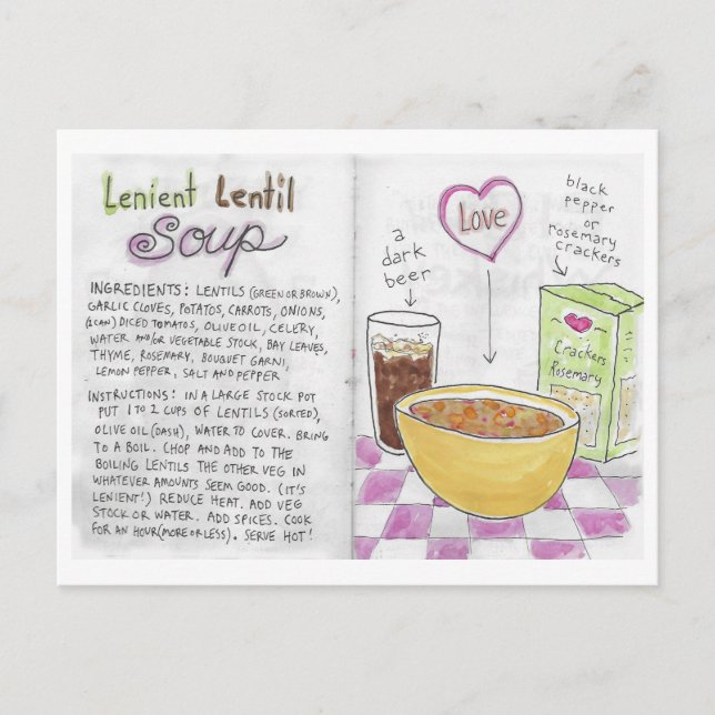 Postal Postcarta de la receta de la sopa de lentejas (Anverso)