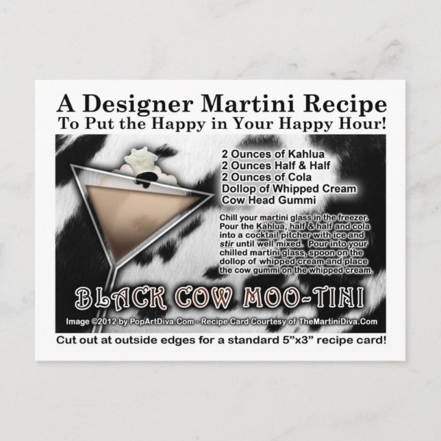Postal Postcarta de la receta de Martini Black Cow Moo-Ti (Anverso)