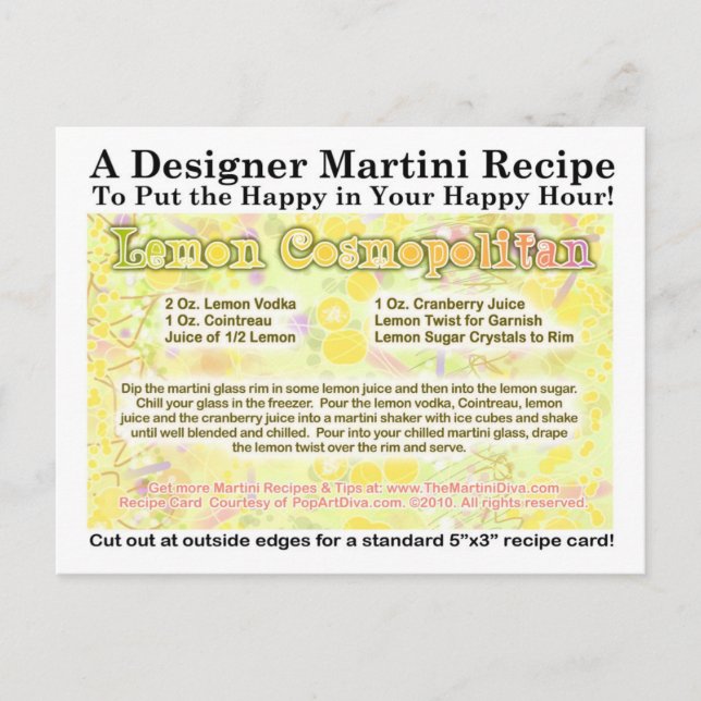 Postal Postcarta de la receta de Martini cosmopolita limó (Anverso)