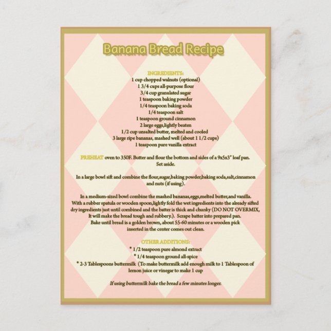 Postal Postcarta de la receta de pan bananero (Anverso)