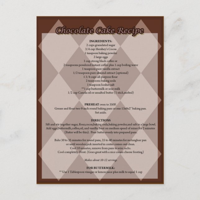 Postal Postcarta de la receta de pastel de chocolate (Anverso)