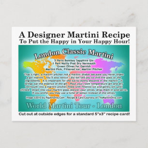 Postal Postcarta de la receta del clásico Gin Martini de 