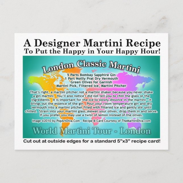Postal Postcarta de la receta del clásico Gin Martini de  (Anverso)