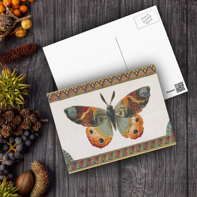Postal Postcarta de mariposa de otoño (Monarch butterfly browns, blues, oranges with abstract border on postcard.)
