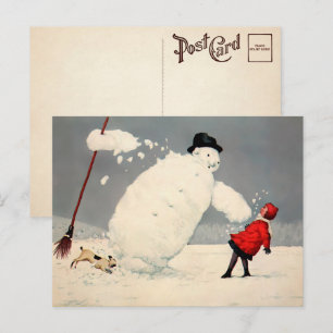 Postal Postcarta de Navidades de Snowman que caen en el p