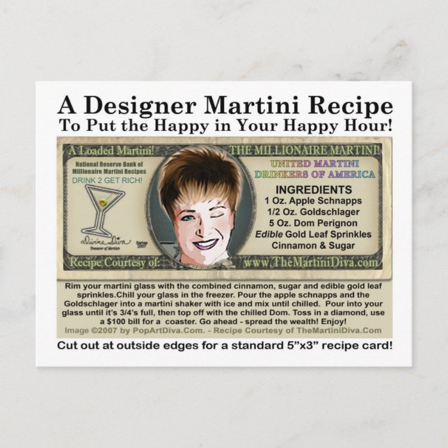 Postal Postcarta de receta de Chiste Millionaire Martini (Anverso)