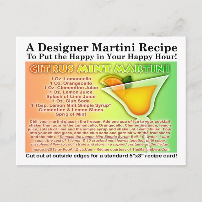 Postal Postcarta de receta de Citrus Mint Martini (Anverso)