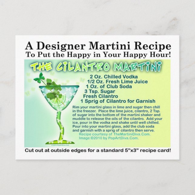 Postal Postcarta de recetas de Cilantro Martini (Anverso)