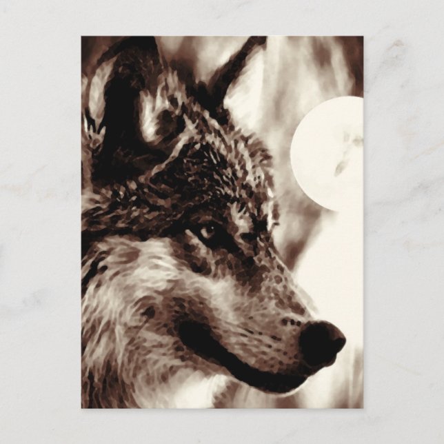 Postal Postcarta de Sepia Wolf Face & Moon (Anverso)
