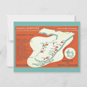 Postal Postcarta del mapa de Florida Howard Johnsons