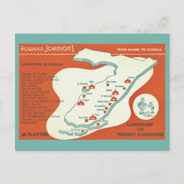 Postal Postcarta del mapa de Florida Howard Johnsons (Anverso)