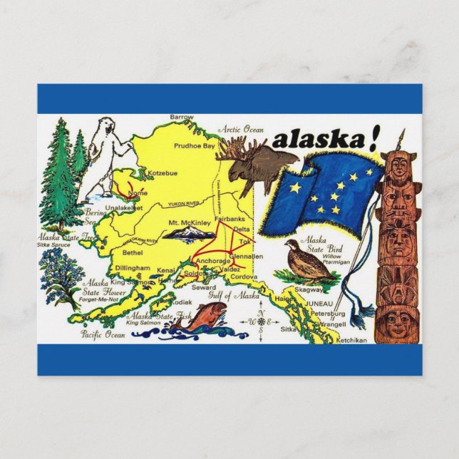 Postal Postcarta del mapa del estado de Alaska (Anverso)
