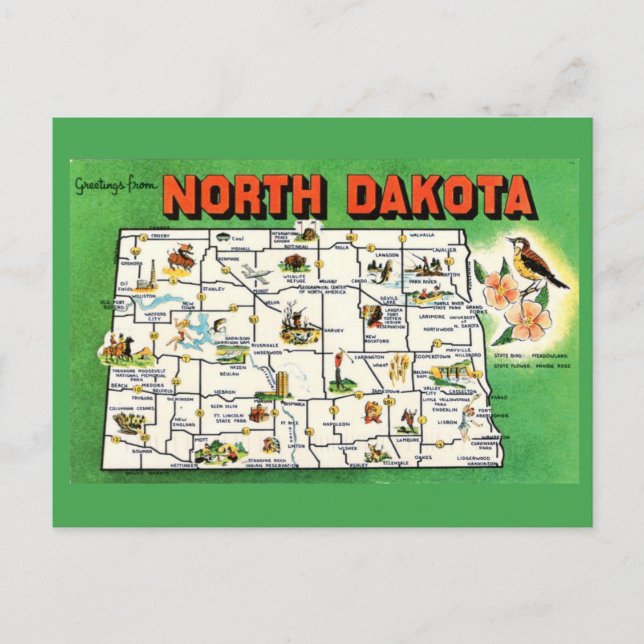 Postal Postcarta del mapa del estado de Dakota del Norte (Anverso)