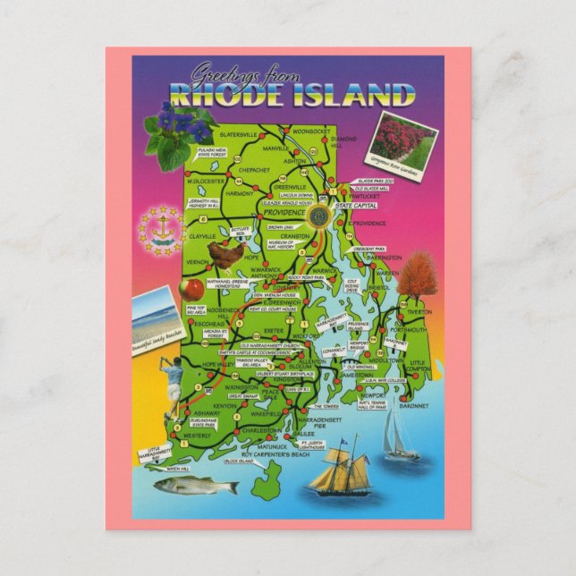 Postal Postcarta del mapa del estado de Rhode Island (Anverso)