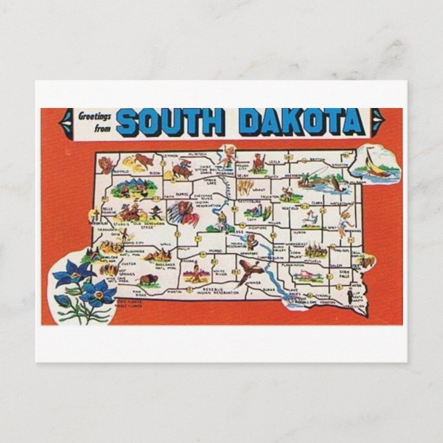 Postal Postcarta del mapa estatal de Dakota del Sur (Anverso)