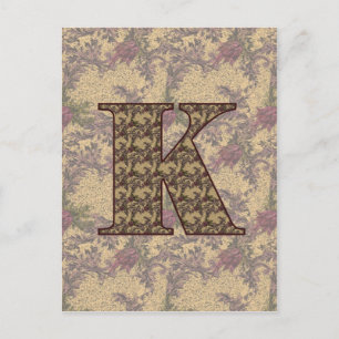 Postal Postcarta floral monogramada inicial K elegante