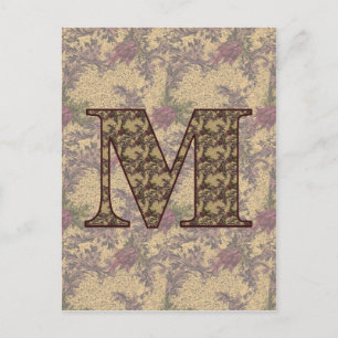 Postal Postcarta floral monogramada inicial M elegante