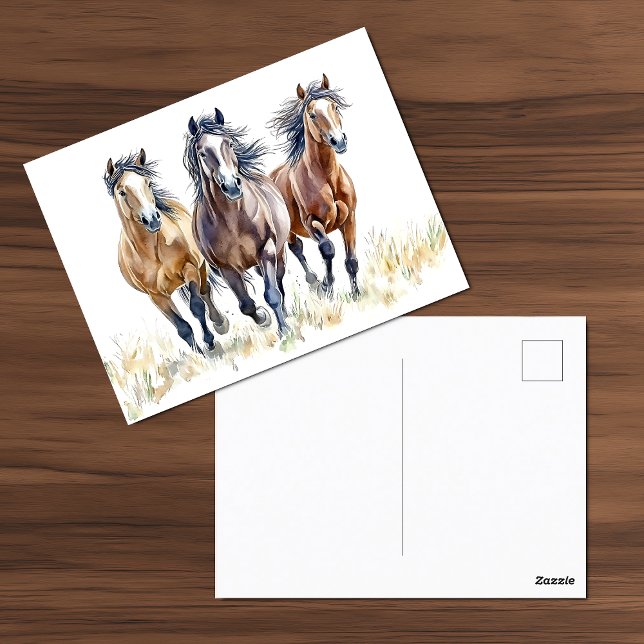 Postal Postcarta occidental de caballos salvajes y libres (Western Wild & Free Mustang Trio watercolor postcard.)
