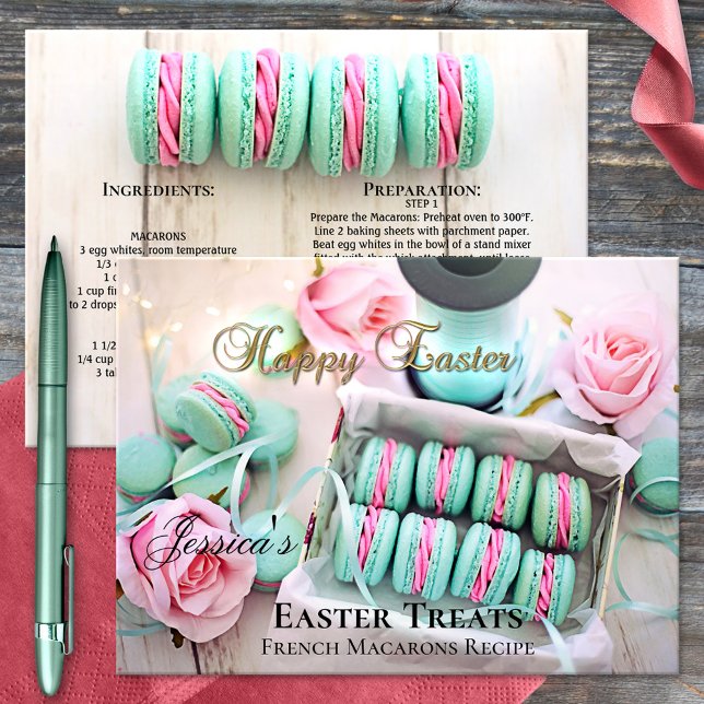 Postal Postcarta personalizada de la receta de Macarons (Macarons recipe postcard with a pretty image of colorful macarons with pink rose - nice for Easter)
