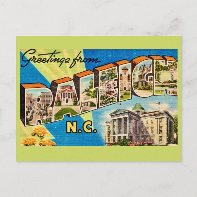 Postal Postcarta retro de Raleigh NC (Anverso)