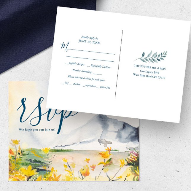 Postal Postcarta RSVP RRSVP de elección de comida de mont (Wedding rsvp postcard mountain destination wedding watercolor art by Victoria Grigaliunas)