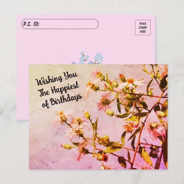 Postal Postcross Pink Wildflower Cumpleaños w Floral Bac (Anverso / Reverso)