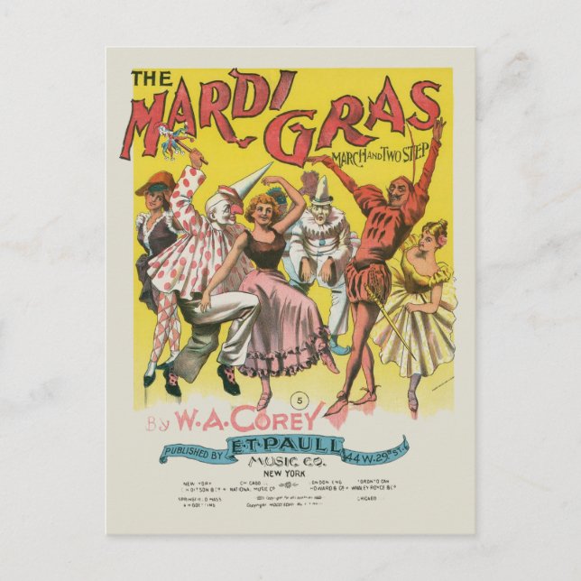 Postal Póster Antiguo Amarillo de Mardi Gras (Anverso)