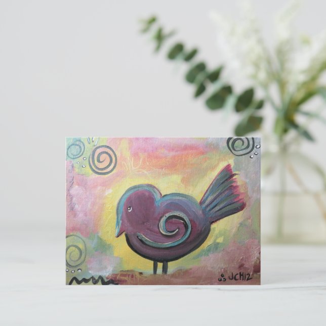 Postal Poster de Bella Artes de pájaro rojo gordo (Anverso de pie)