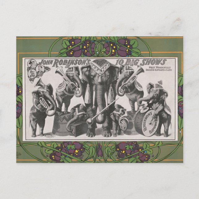 Postal Póster de circo de elefantes tocando instrumentos (Anverso)