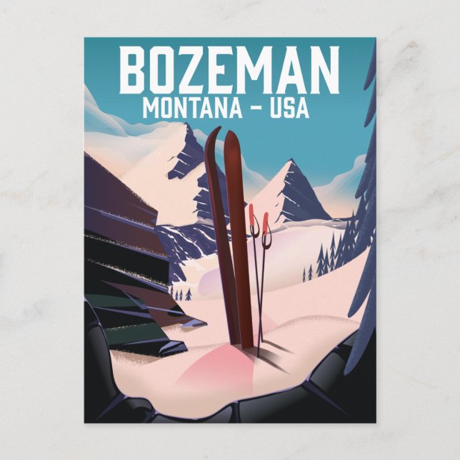 Postal Póster de esquí de Bozeman Montana (Anverso)