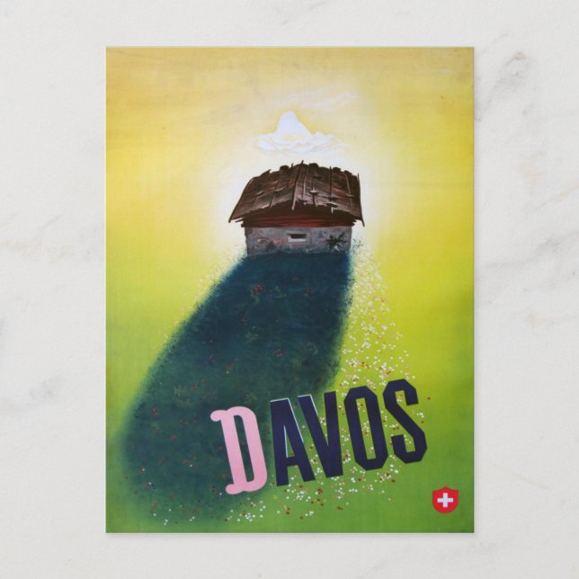 Postal Poster de esquí de época, Davos (Anverso)