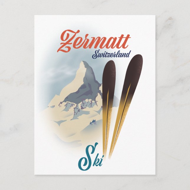 Postal Poster de esquí de época de Zermatt Suiza (Anverso)