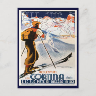 Postal Poster de esquí de época,    Dolomitas, Cortina