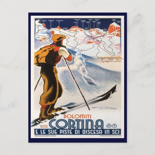 Postal Poster de esquí de época,    Dolomitas, Cortina (Anverso)