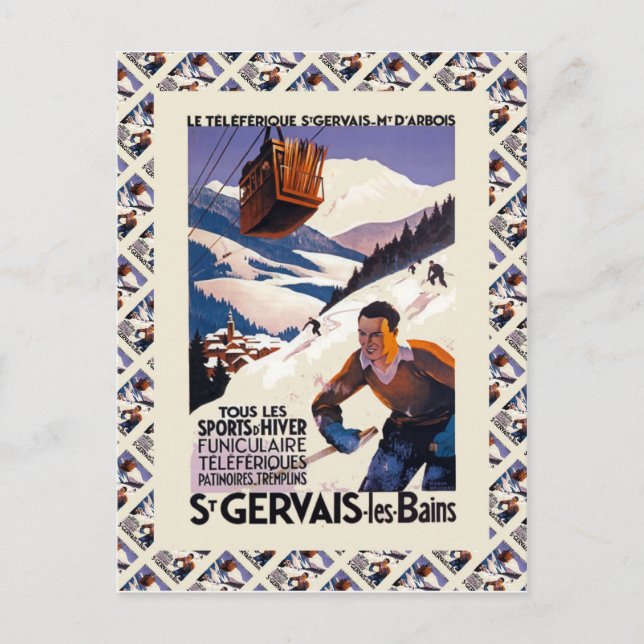 Postal Poster de esquí de época, Francia, St Gervais les  (Anverso)