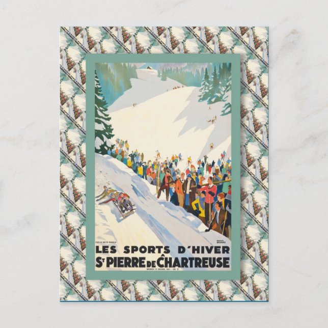 Postal Poster de esquí de época, Francia, St Pierre de Ch (Anverso)